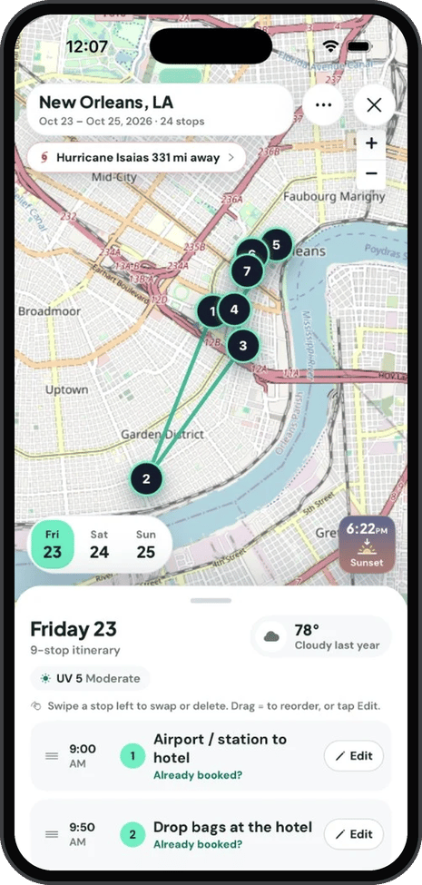 Savi app: a New Orleans weekend itinerary on a map, stop by stop