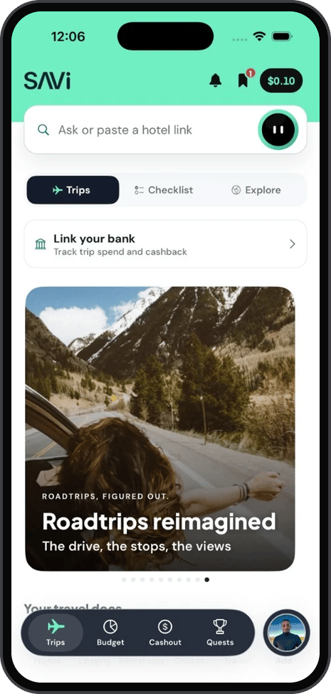 Savi app: the Trips tab with trip ideas like road trips